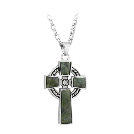 A Connemara marble cross pendant with a circular design at the center, set on a silver-colored base metal chain.