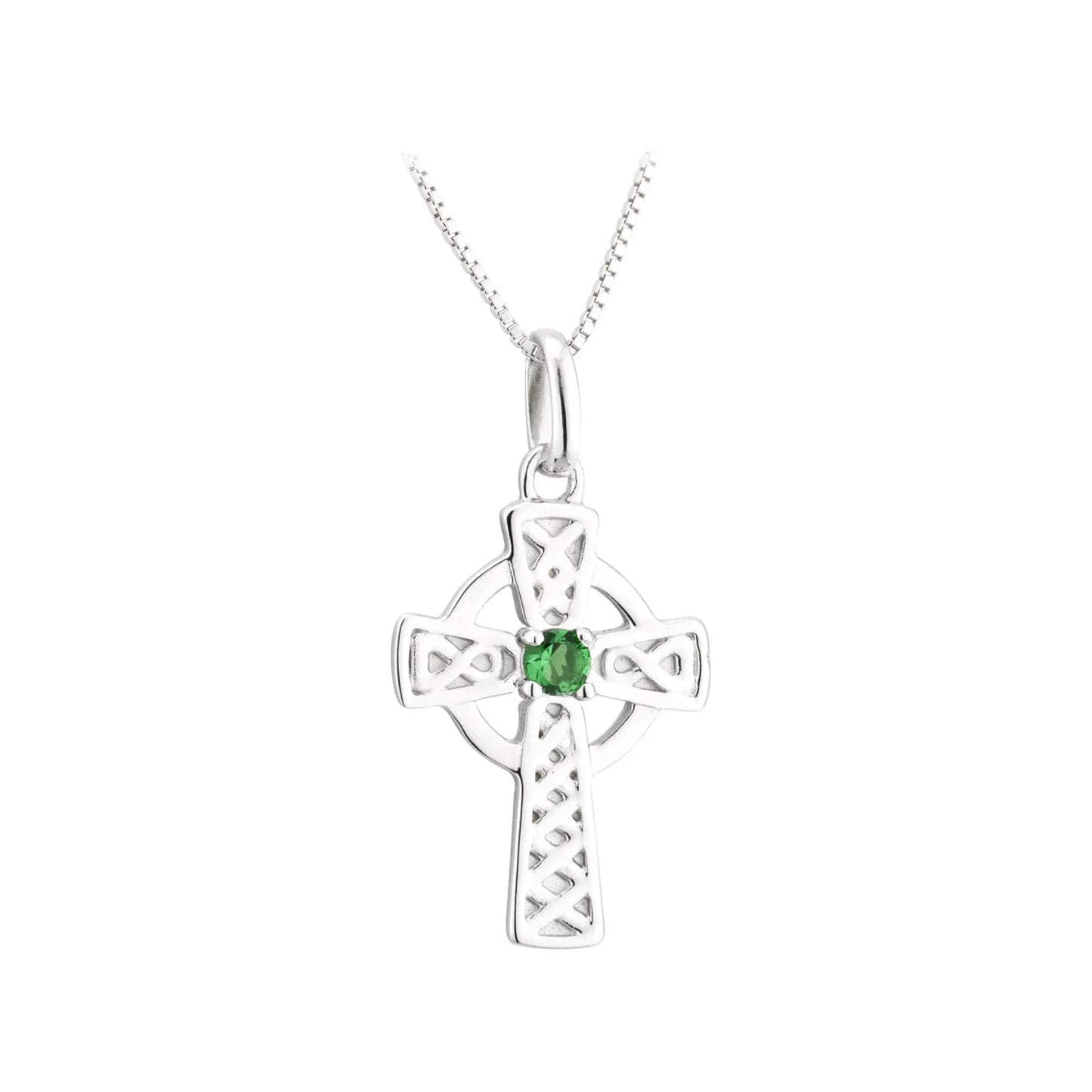 Silver cross pendant with a green gemstone on a white background