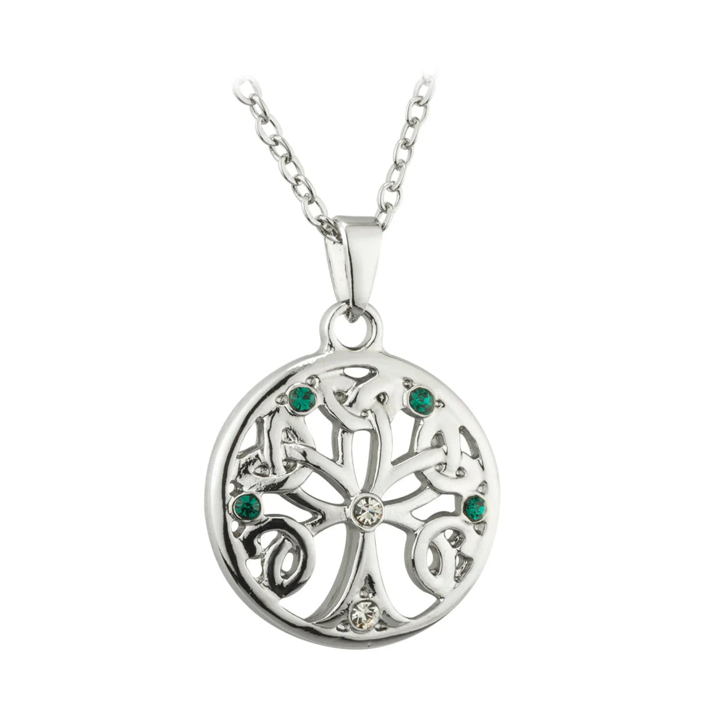 A rhodium necklace with a round pendant. The pendant features an intricate tree of life. Each branch ends in a trinity knot. The base and center of the tree feature two clear white stone inlays. The branches feature four green ones.