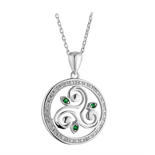 Silver Crystal Spiral Triskelion Circle Necklace
