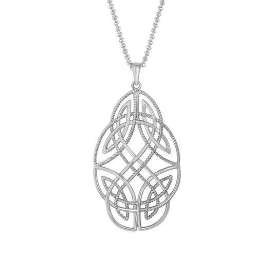 Silver necklace with a leaf-shaped pendant on a white background