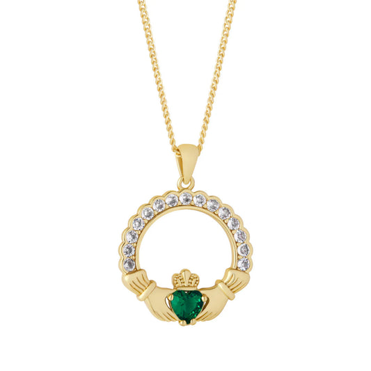 Gold Plated Green Crystal Claddagh Pendant