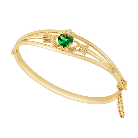 Gold Plated Green Crystal Heart Claddagh Bangle