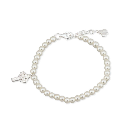 Rhodium Plated Pearl and Cross Bracelet