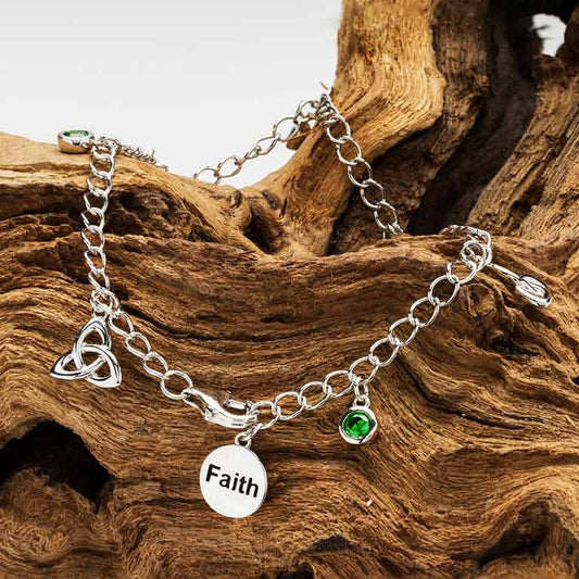 Sterling Silver Celtic Trinity Knot Bracelet with Emerald Green Cubic Zirconia Charms