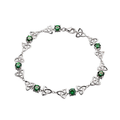Sterling Silver Celtic Trinity Knot Bracelet with Emerald Green Cubic Zirconia Beads