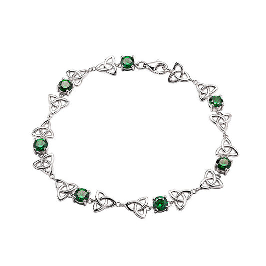 Sterling Silver Celtic Trinity Knot Bracelet with Emerald Green Cubic Zirconia Beads