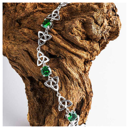 Sterling Silver Celtic Trinity Knot Bracelet with Emerald Green Cubic Zirconia Beads
