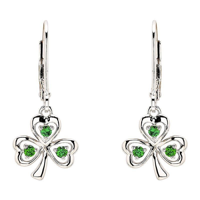 Sterling Silver Cz Emerald Drop Shamrock Earrings