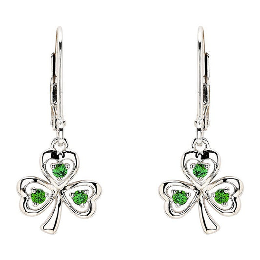 Sterling Silver Cz Emerald Drop Shamrock Earrings