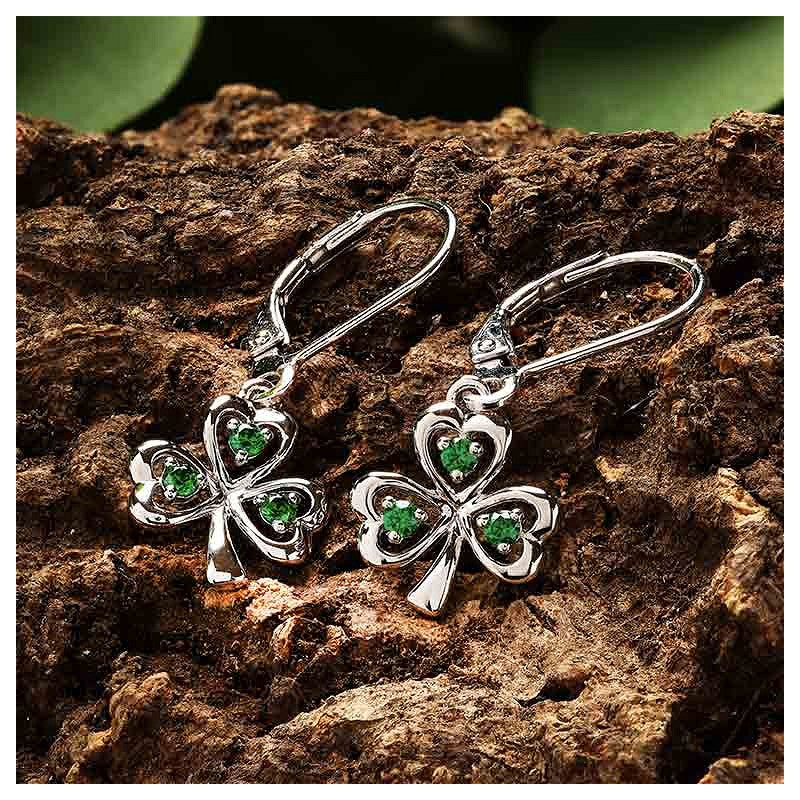 Sterling Silver Cz Emerald Drop Shamrock Earrings