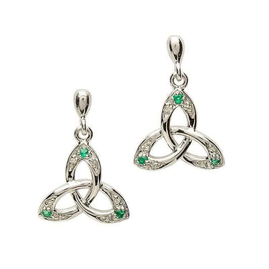 Sterling Silver Emerald and Diamonds Trinity Earrings