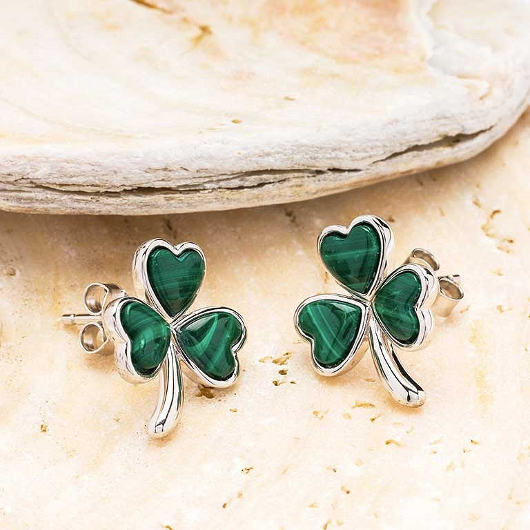 Sterling Silver Malachite Shamrock stud Earrings