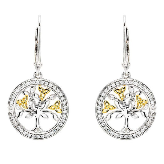 SE2449- Sterling Silver White Cubic Zirconia Gold Plated Tree of Life Earrings