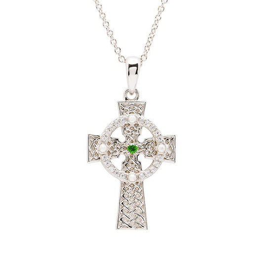Sterling Silver Green Cubic Zirconia Celtic Cross