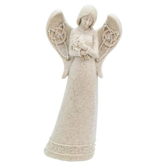 A beige-colored angel figurine with wings, holding a baby in its arms.