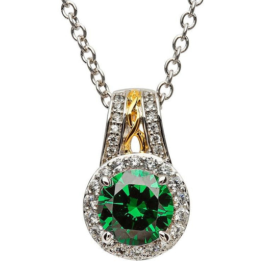 Emerald Stone Necklace Sterling Silver with Gold with Crystals, 14kt Gold