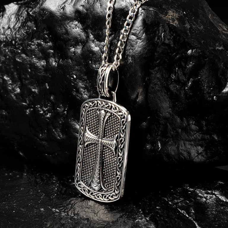 Large Sterling Silver Men’s Celtic Cross Dog Tag Necklace