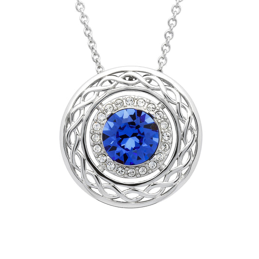 SW192 - Round Sapphire Celtic Pendant Necklace with Crystals, Sterling Silver