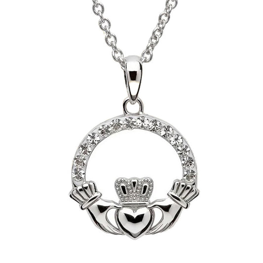 Sterling Silver Claddagh White Crystal Pendant Swarovski
