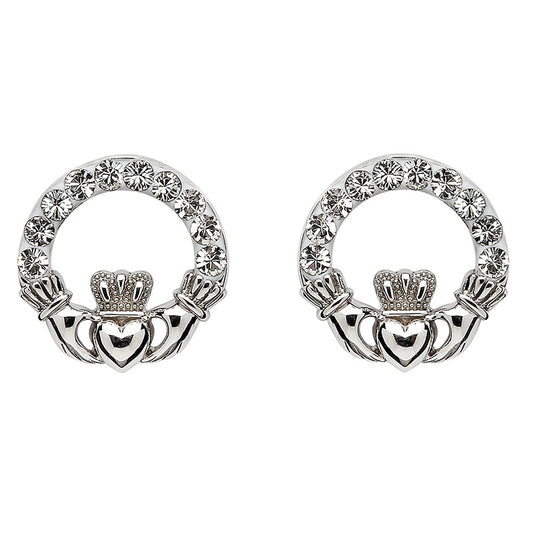 Claddagh Post Earrings with Crystals, Sterling Silver