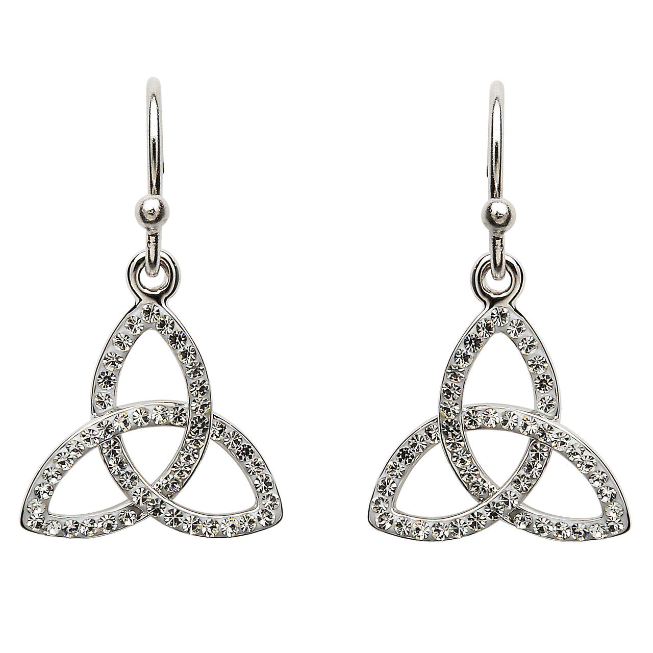 A pair of silver-toned triquetra knot dangle earrings, each featuring a triangular interlocking knot design paved with small clear cubic zirconia stones on a plain white background.