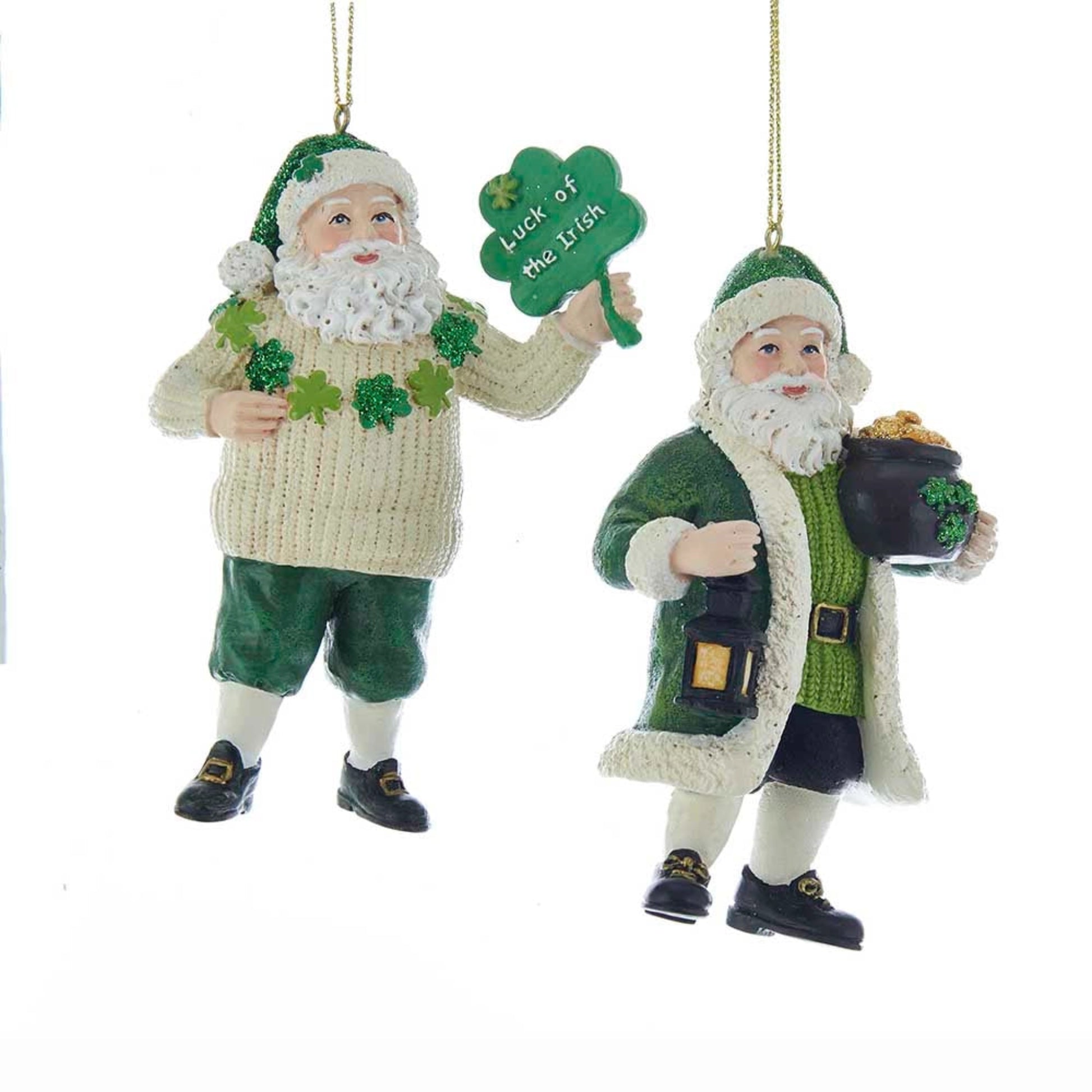 Two St. Patrick's Day-themed Santa ornaments on a white background
