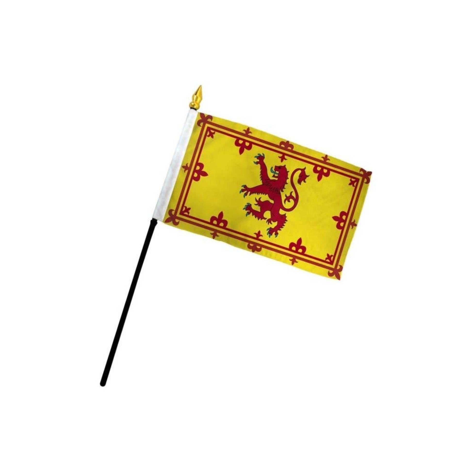 Stick flag with a red lion emblem on a yellow background.