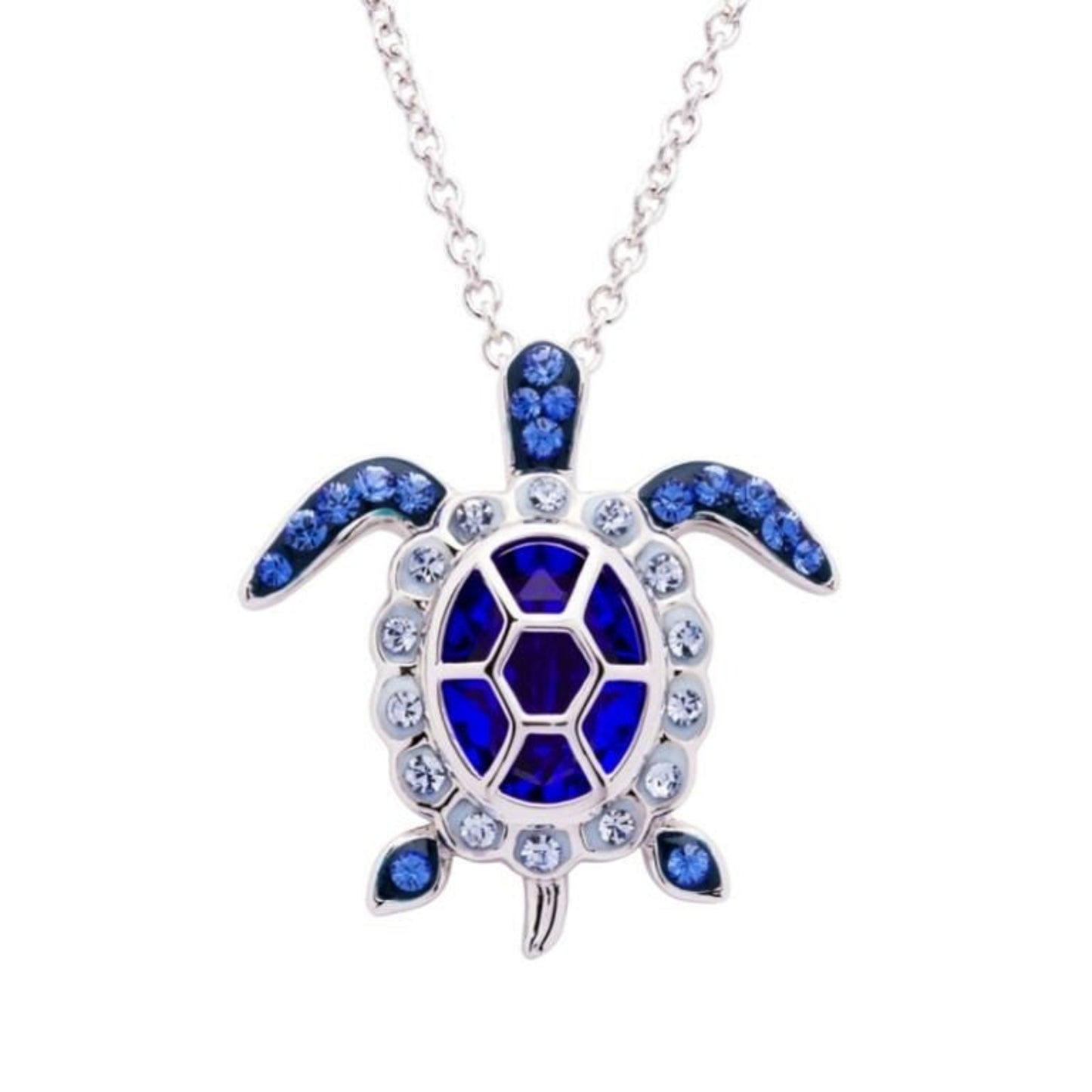 Turtle-shaped necklace with blue gemstones on a white background