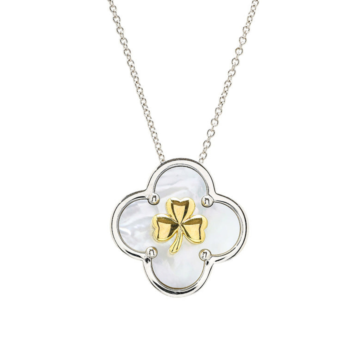 A silver-toned necklace with a four-leaf clover pendant featuring a white mother-of-pearl inlay and a polished gold four-leaf clover charm at the center, suspended from a delicate silver chain against a plain white background.