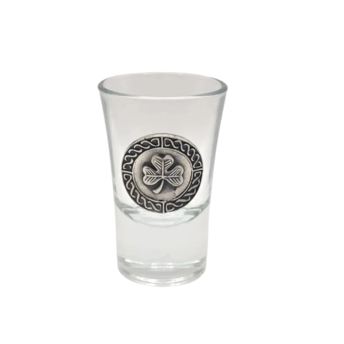 Clear shot glass with a pewter shamrock emblem with a celtic knotwork border