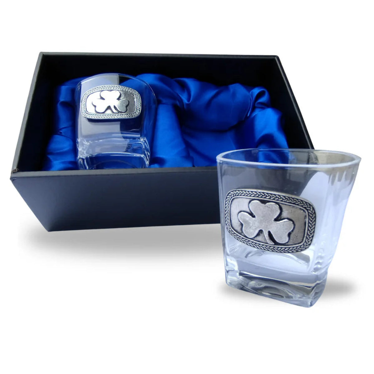 Two crystal whiskey glasses with shamrock design in a black box lined with blue satin
