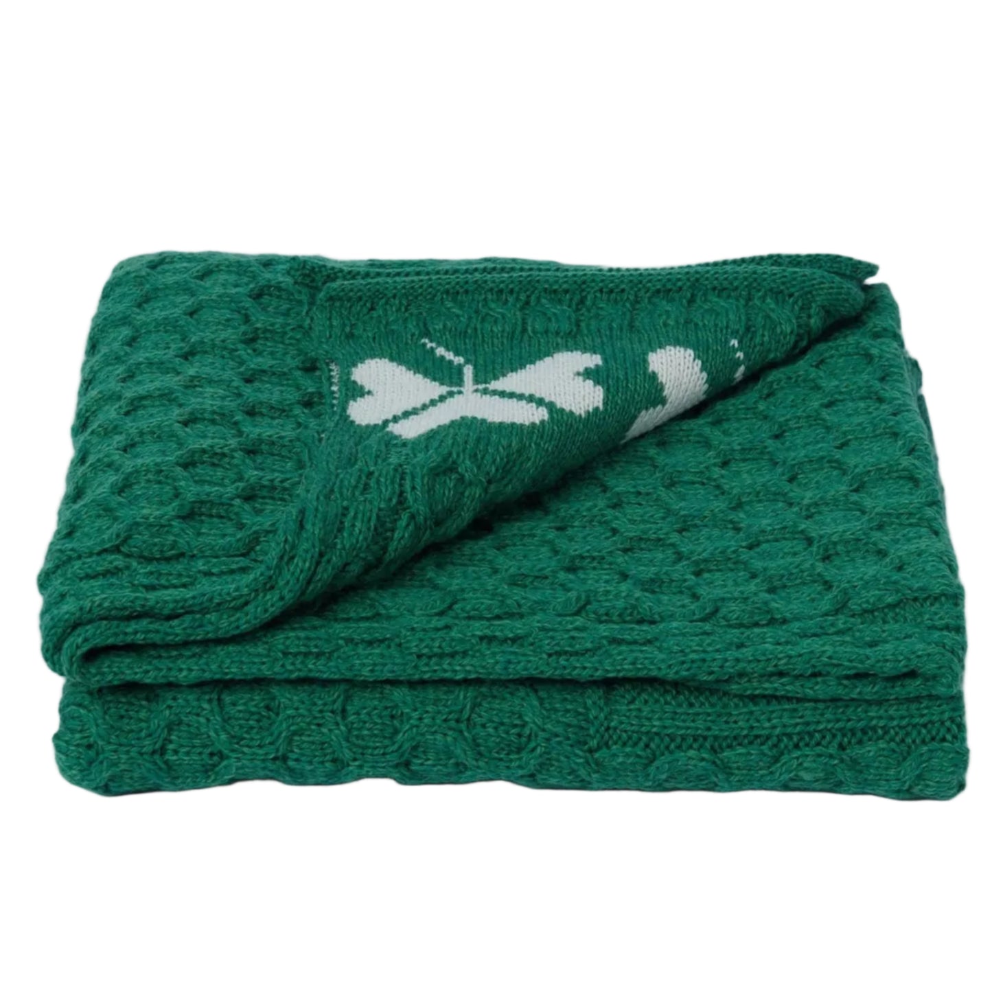Folded green towel with a white logo on a white background