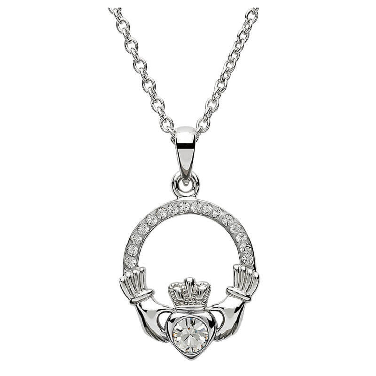 Silver claddagh pendant encrusted with white gems. The heart in the center contains one larger white gem. 