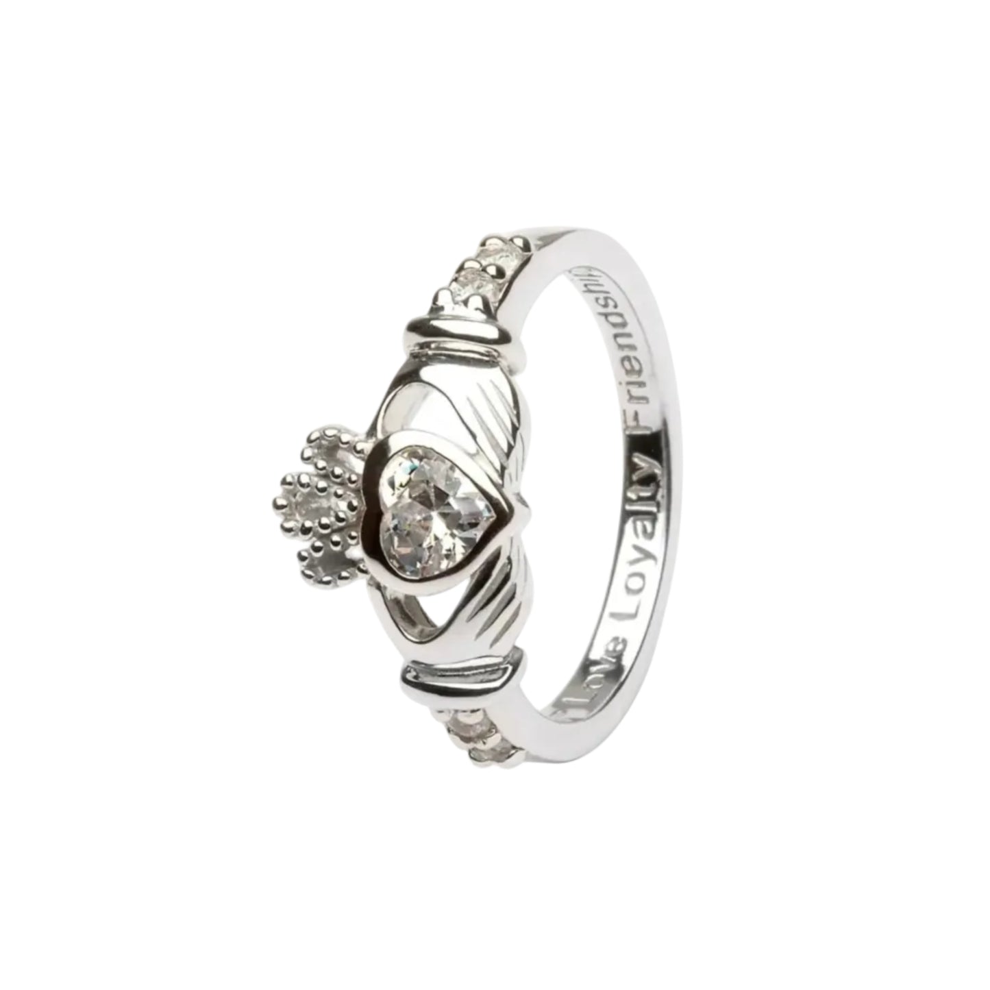 A sterling silver claddagh ring with a clear white heart-shaped gem in the center.