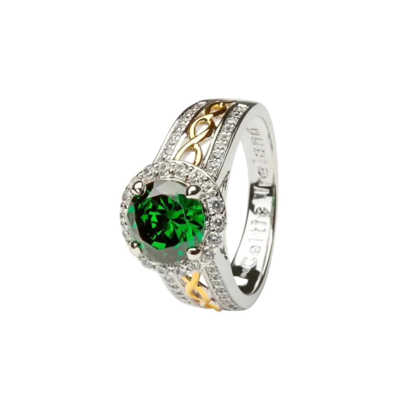 A sterling silver ring with a deep green center stone, surrounded by a halo of cubic zirconia. Twisting gold accents on the band/.