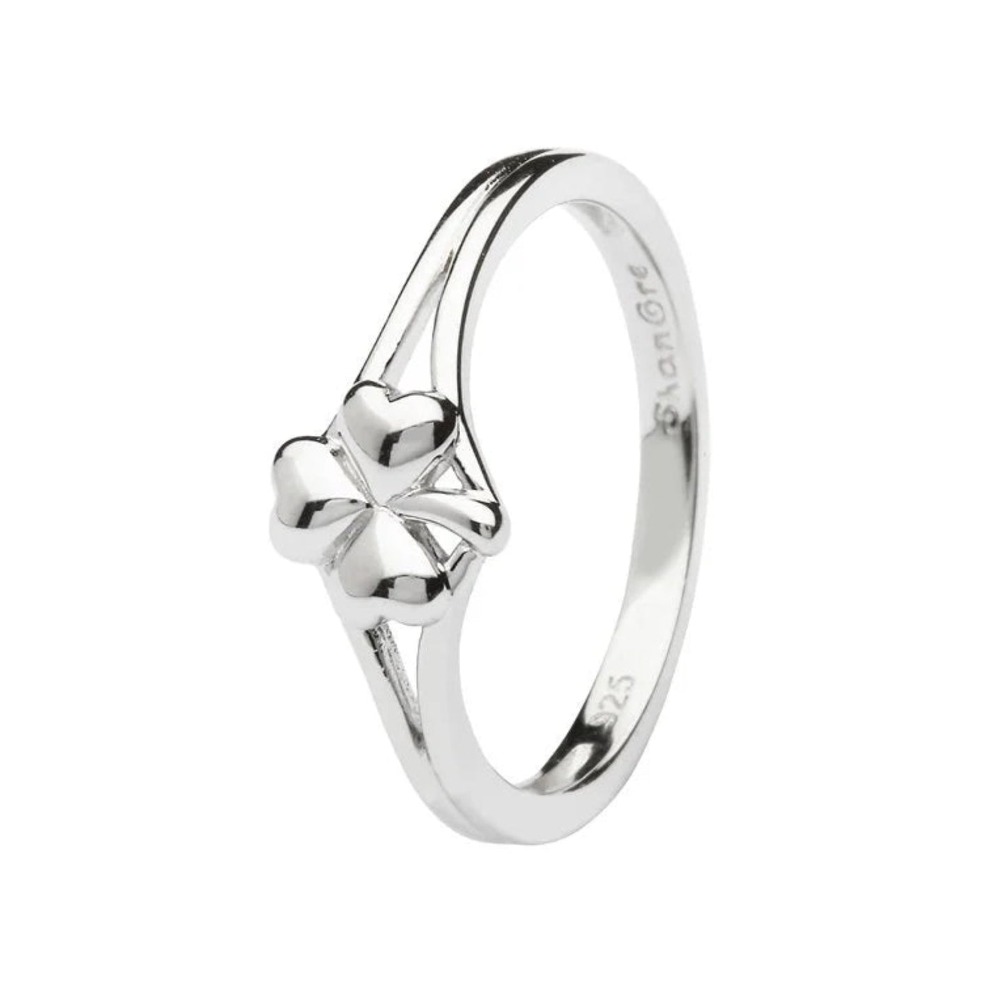 A thin sterling silver wishbone ring with a shamrock design in the center.