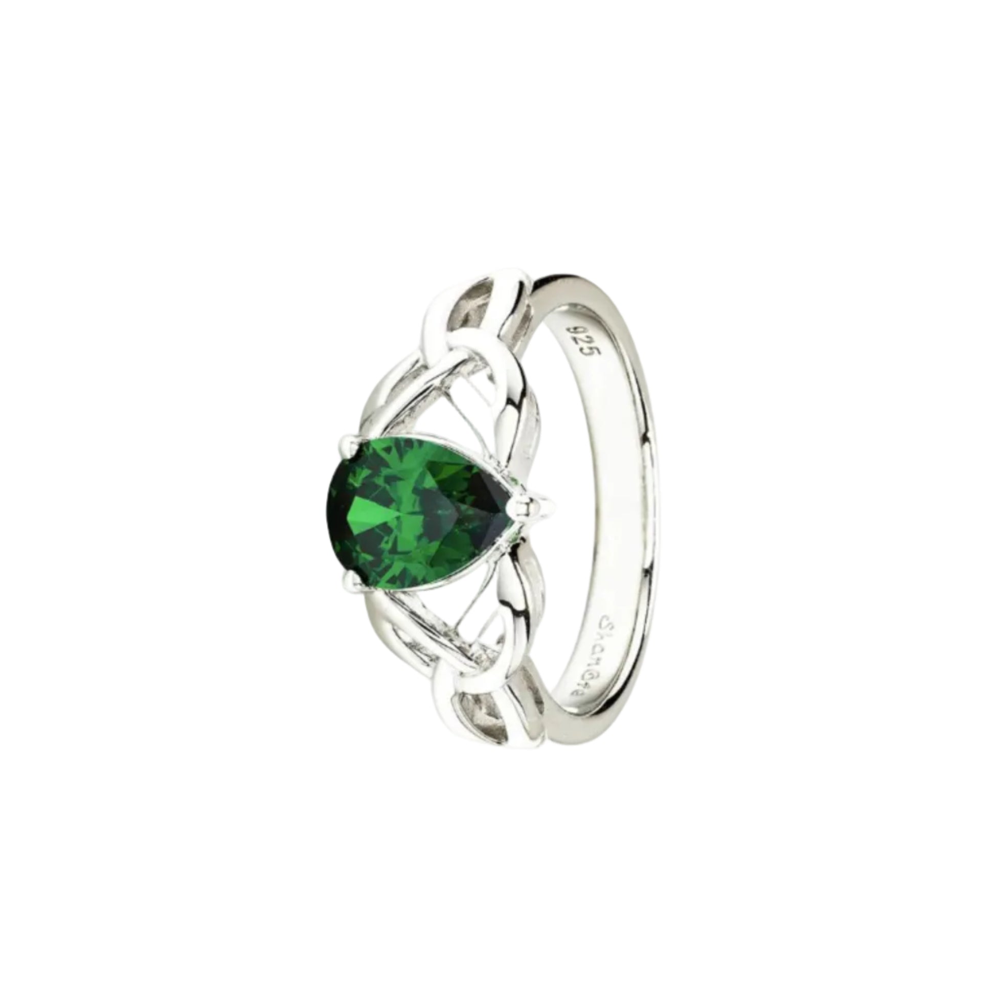 Sterling silver ring with trinity knot designs and a teardrop-shaped green stone in the center.