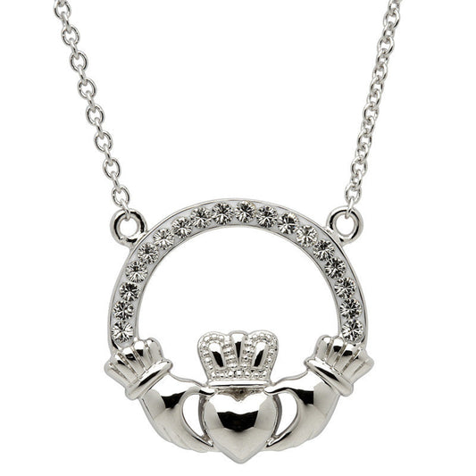 Silver Claddagh necklace with clear stones on a white background