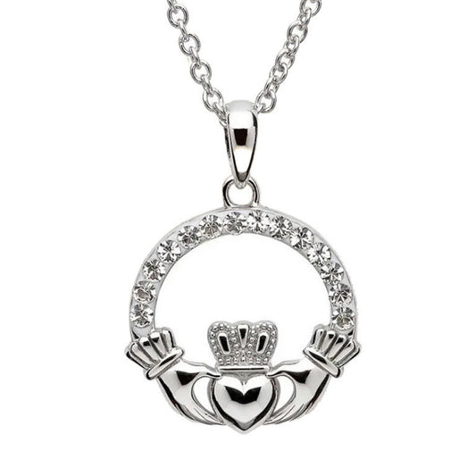 Silver Claddagh pendant necklace on a white background