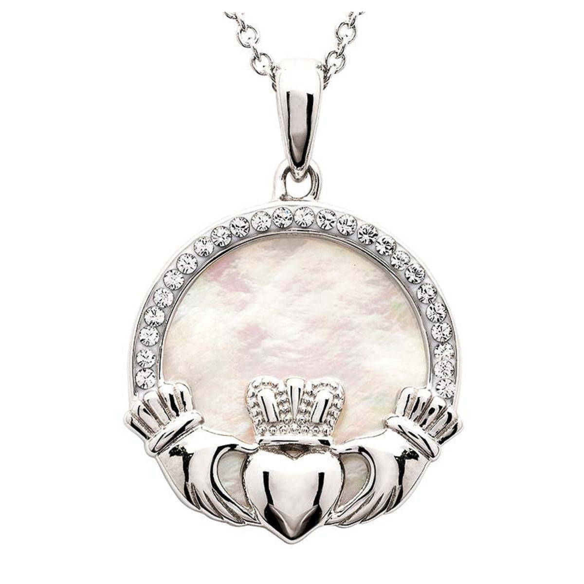 Silver Claddagh pendant with a heart-shaped center on a white background