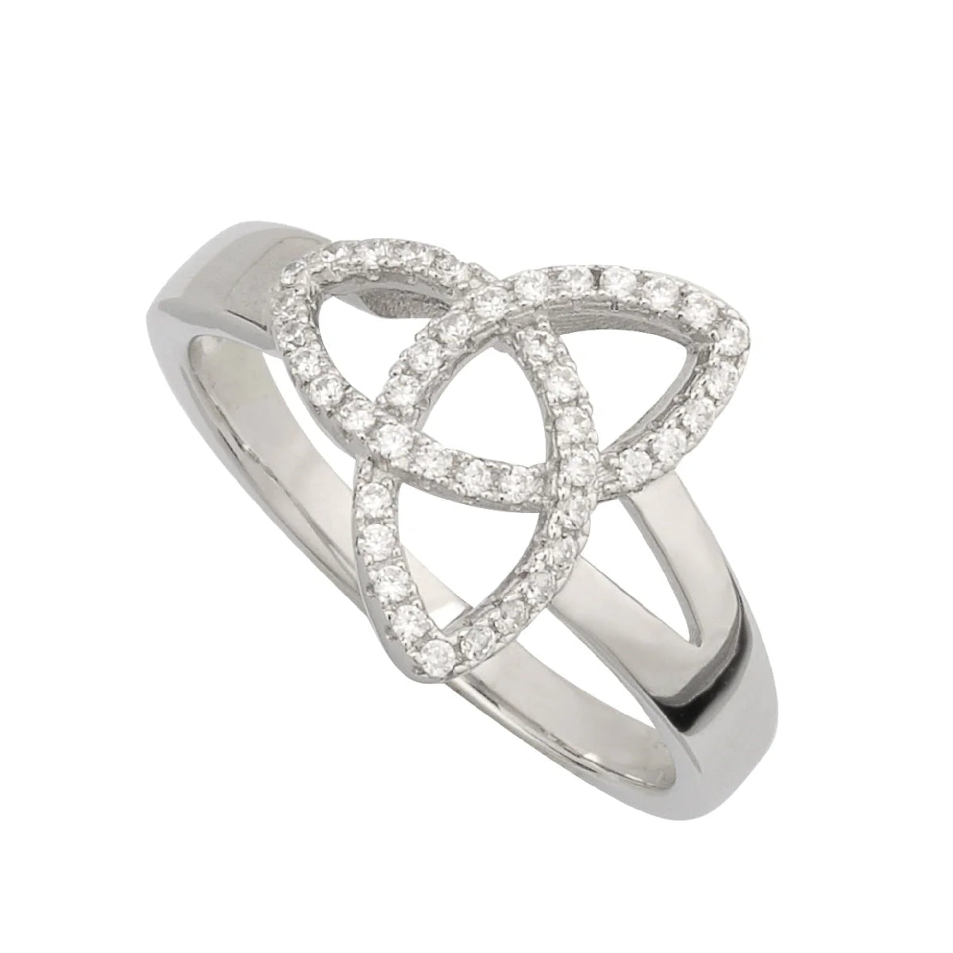Silver ring with a Celtic knot design on a white background