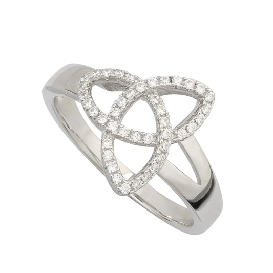 Silver ring with a Celtic knot design on a white background