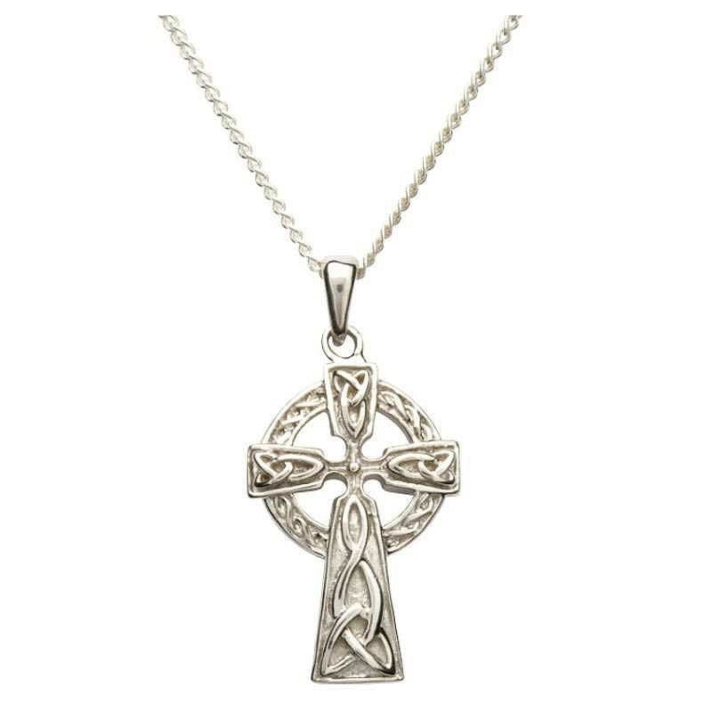 A sterling silver double-sided Celtic cross pendant with intricate knots, displayed on a silver chain.