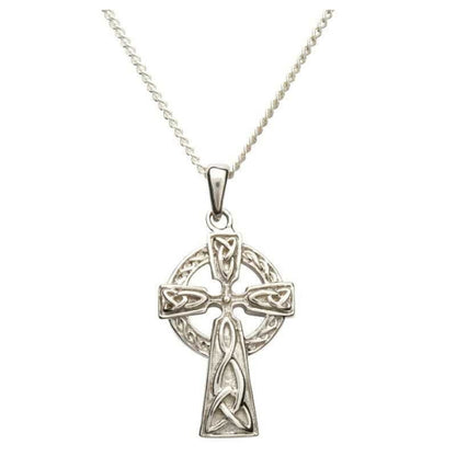 A sterling silver double-sided Celtic cross pendant with intricate knots, displayed on a silver chain.