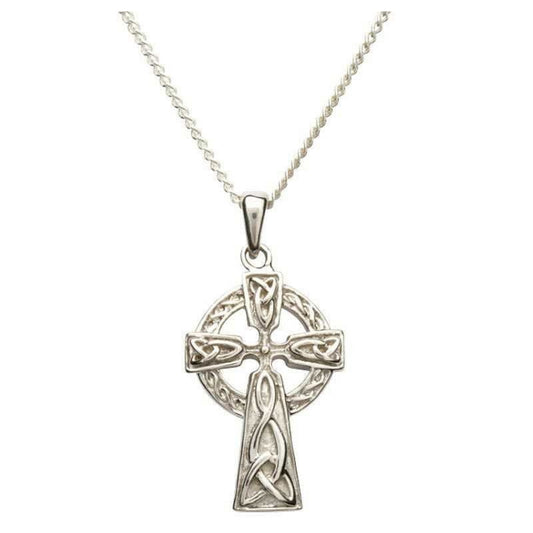 A sterling silver double-sided Celtic cross pendant with intricate knots, displayed on a silver chain.