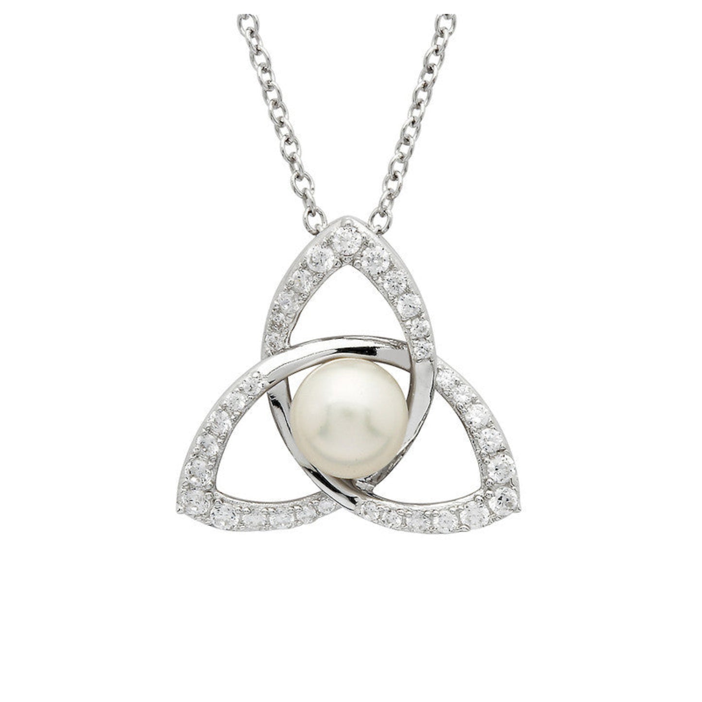 Silver pendant with a pearl and diamonds on a white background