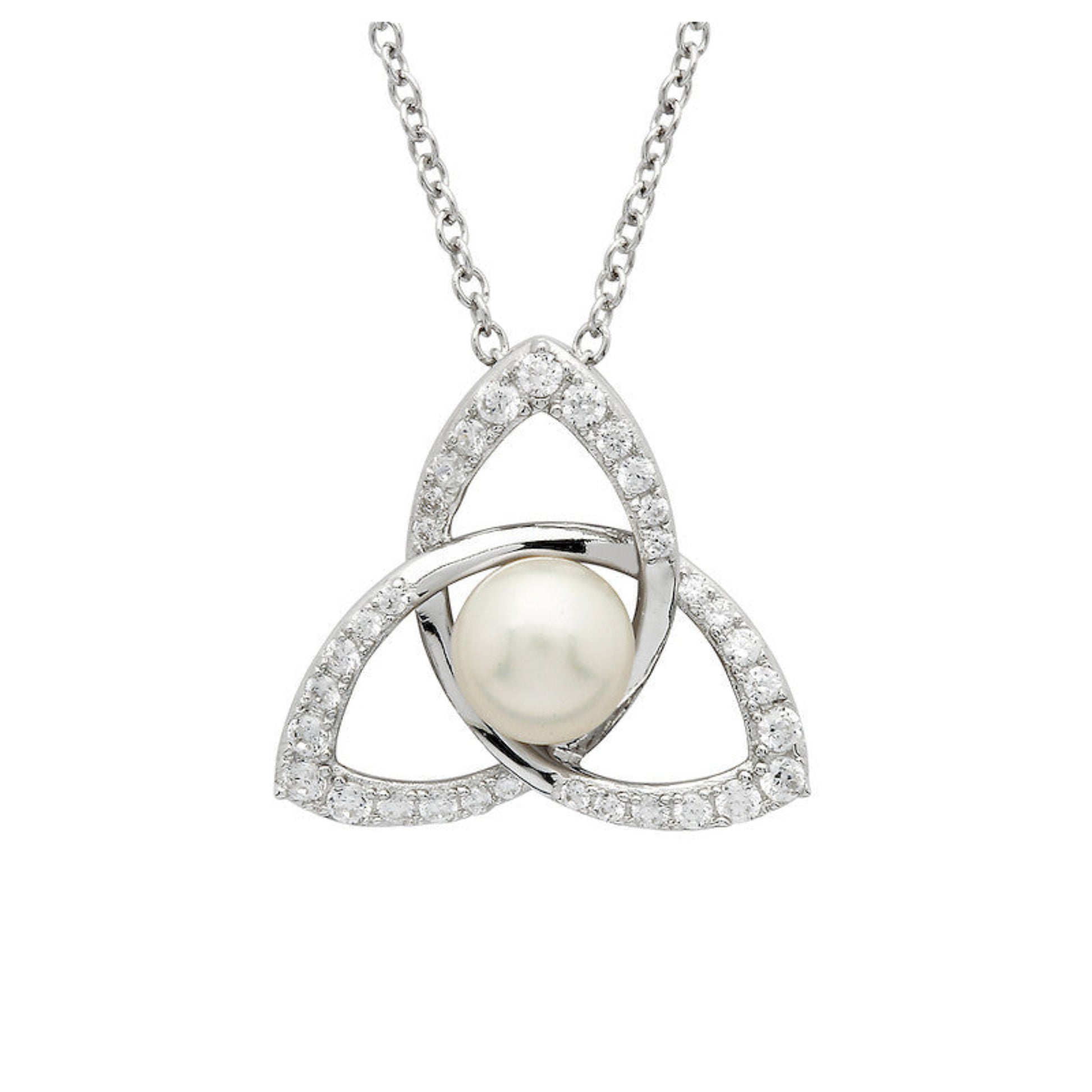 Silver pendant with a pearl and diamonds on a white background