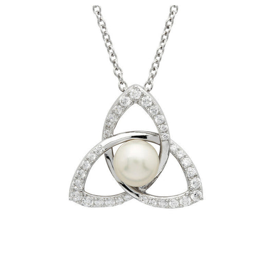 Silver pendant with a pearl and diamonds on a white background