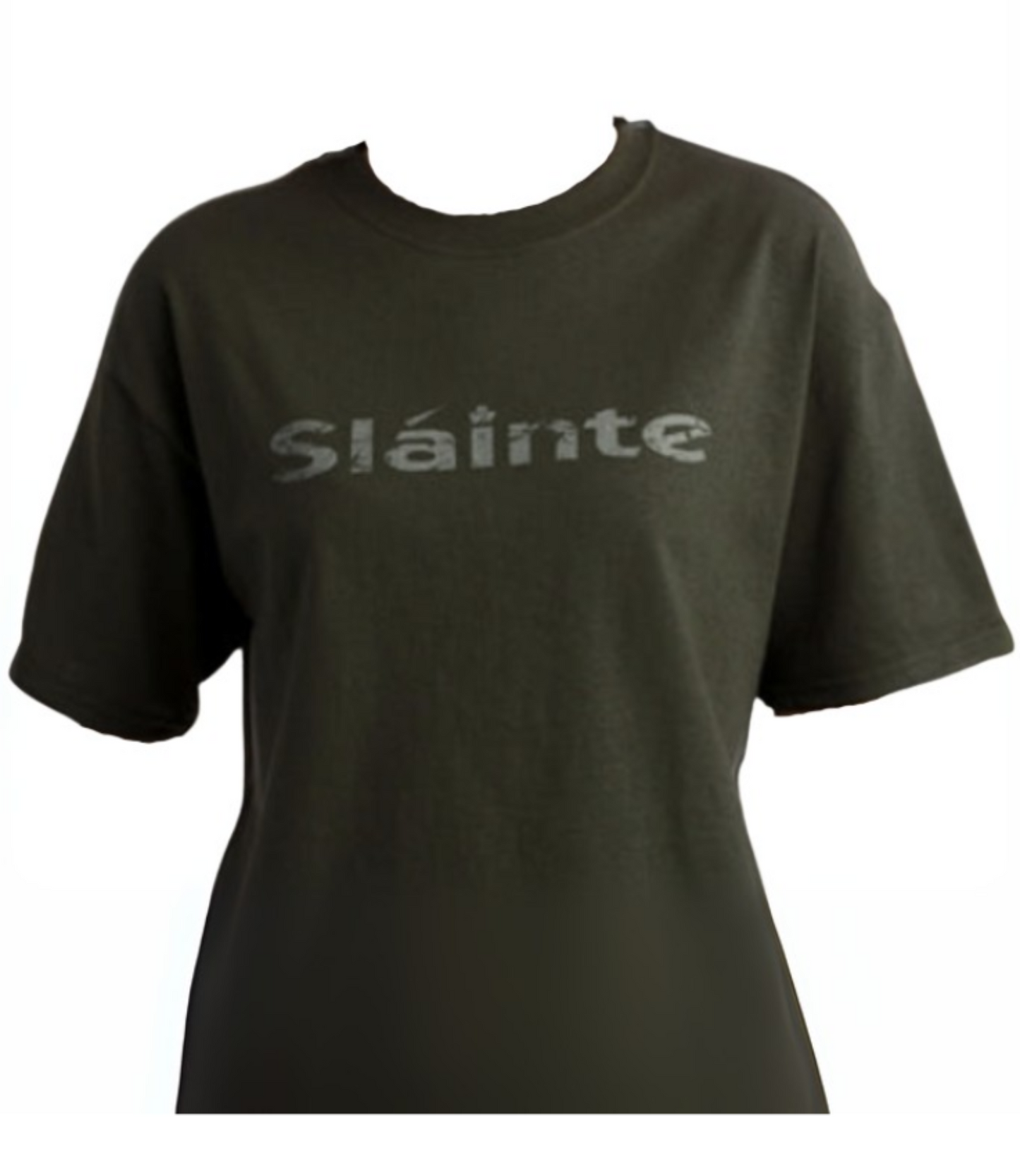 Black t-shirt with 'Sláinte' printed on it against a white background
